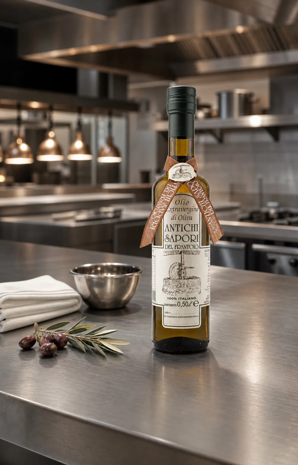 Olio extravergine del frantoio in una cucina professionale in acciaio inox