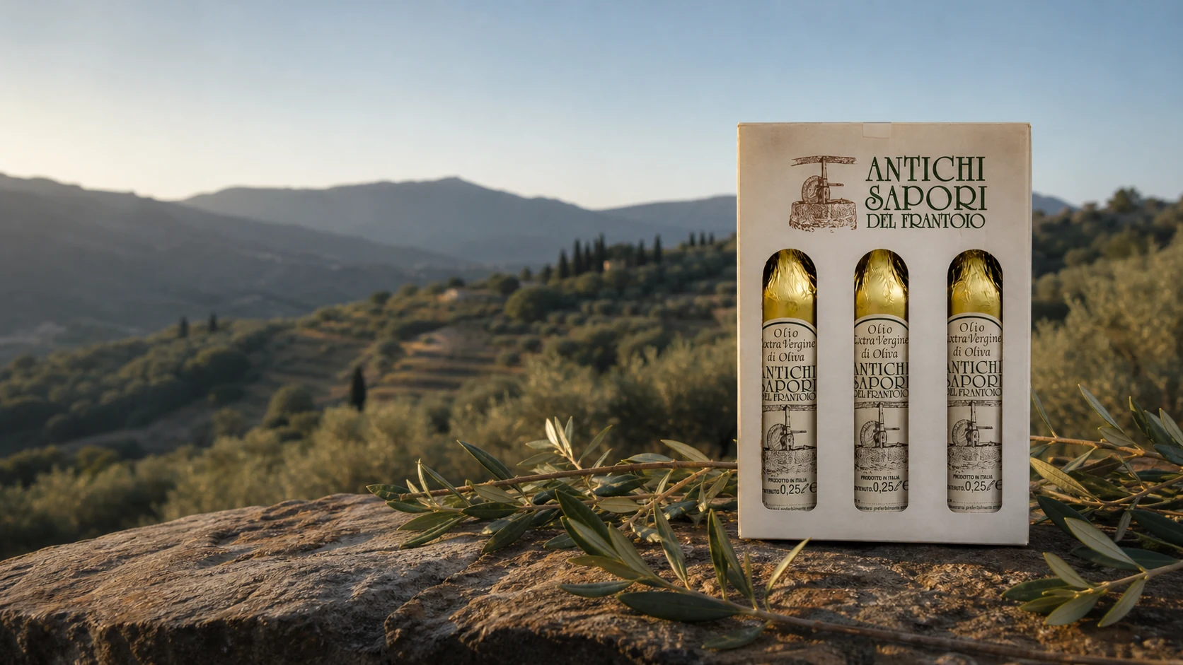 Confezione di olio del frantoio tra gli uliveti della Liguria di Ponente